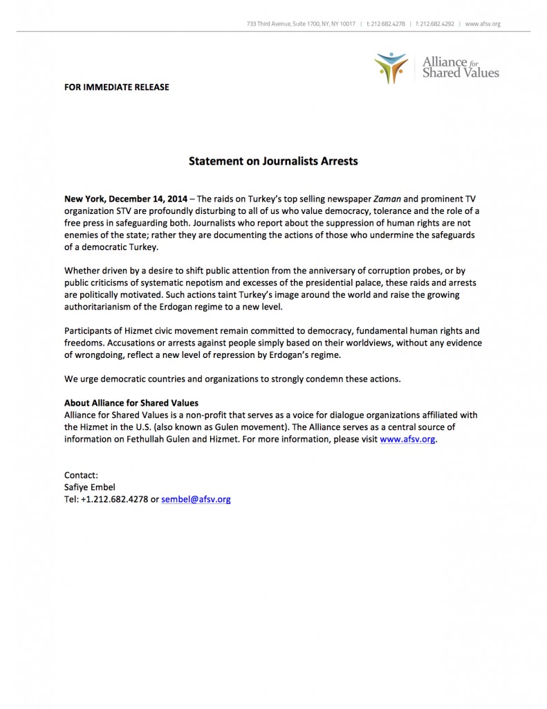 AFSV Statement on Arrests and Media Freedom- Dec 14, 2014